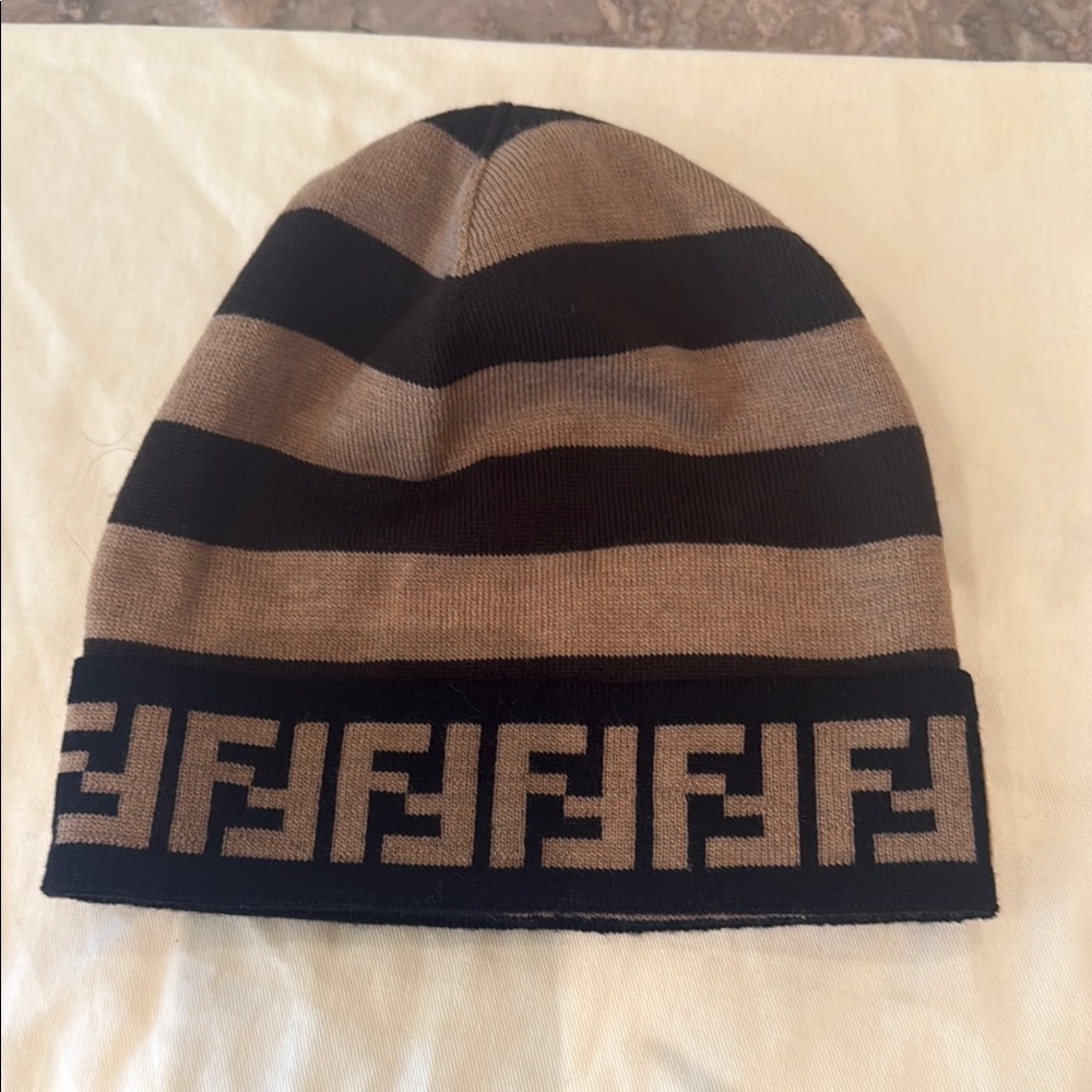 Fendi Black and Brown Knit Hat with Greek Key Design